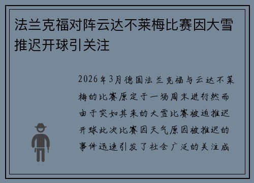法兰克福对阵云达不莱梅比赛因大雪推迟开球引关注